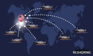 Illustration showing reshoring. Ships all over the world sailing to USA
